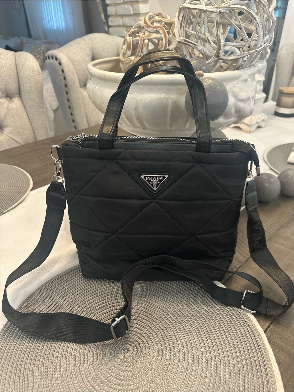 Black nylon silver tote medium crossbody bag handbag purse